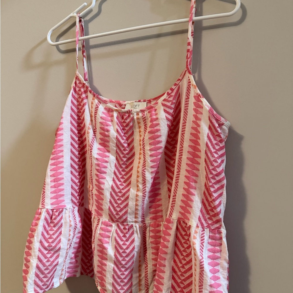 LOFT Pink and Cream Striped Ruffle Camisole